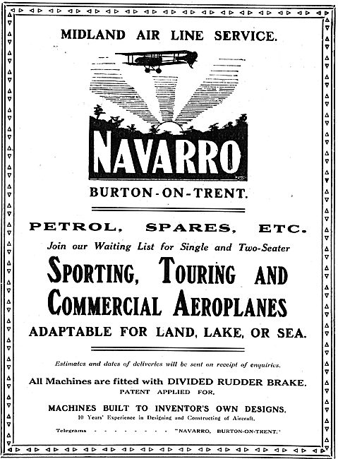 Navarro Aircraft Co. Burton-On-Trent. Midland Air Line Service   