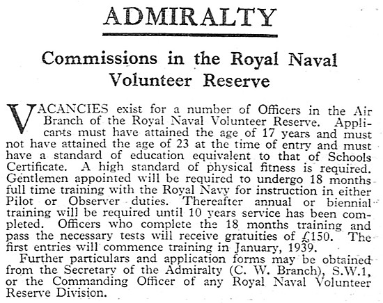 Royal Naval Volunteer Reserve. RNVR Aircrew 1939                 