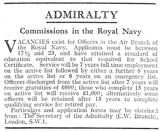 Navy Recruitment Air Branch Commissions 1939                     