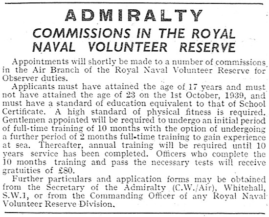 Royal Naval Volunteer Reserve. RNVR Aircrew 1939                 