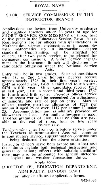 Royal Navy Instructor Branch Short Service Commissions 1948      