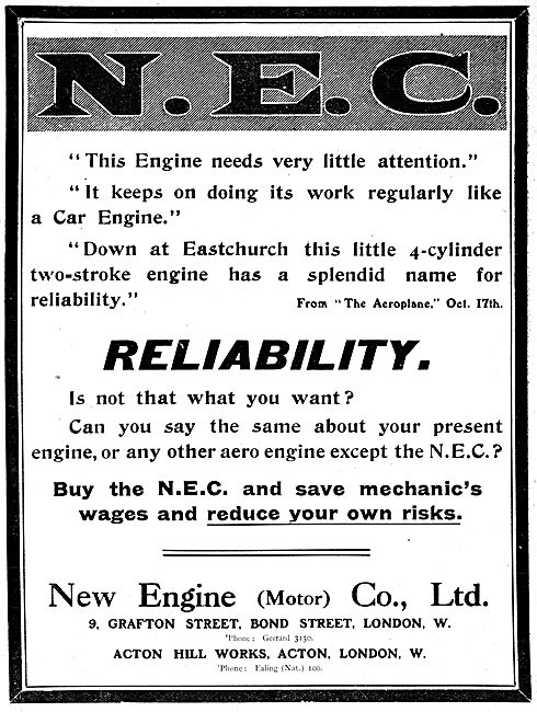 New Engine. N.E.C. Aero Engines 1913                             