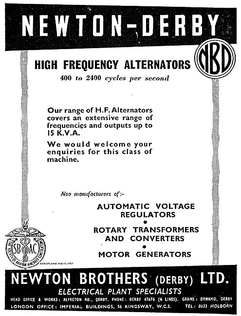Newton-Derby High Frequency Alternators For Aircraft             