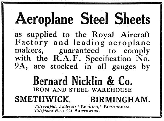 Bernard Nicklin & Co. Smethwick. Aeroplane Steel Sheets          