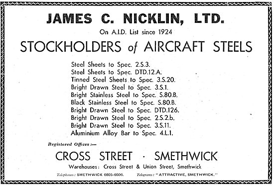 Bernard Nicklin & Co. Smethwick. Aeroplane Steel Sheets          