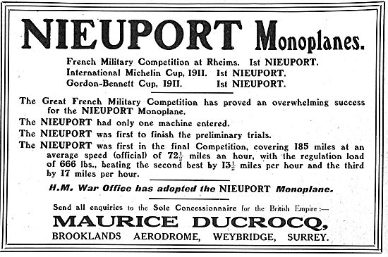 H.M War Office Adopts Nieuport Monoplanes                        