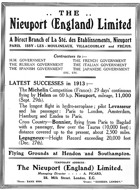 Nieuport (England) Aeroplane Contractors To UK & Foreign Govts   