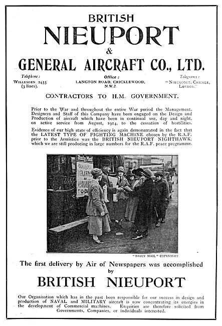 Nieuport Aircraft - Newspapers Delivered By Air                  