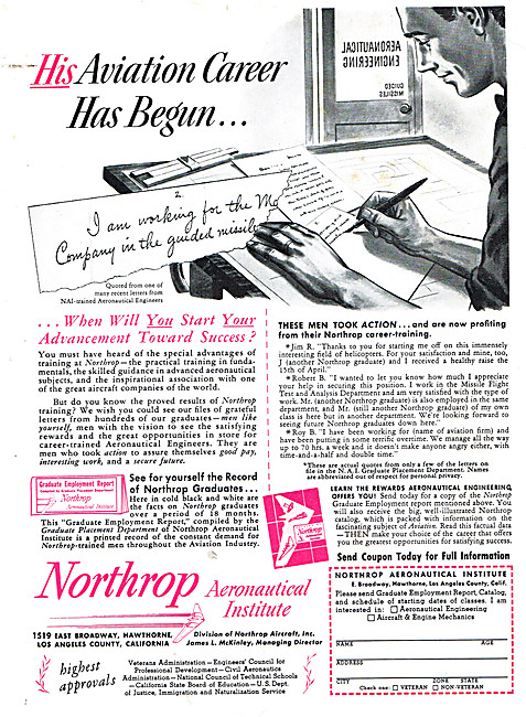 Northrop Aeronautical Institute 1950 Advert                      