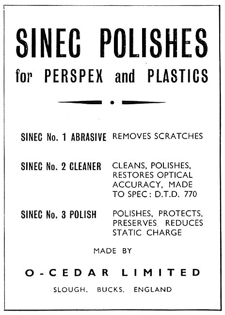 O-Cedar. Slough : Sinec Polish For Perspex & Plastics            