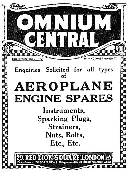 Omnium Central - WW1 Aero Engine Spares 1917 Advertisement       