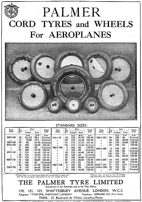 Palmer Cord Tyres & Wheels For Aeroplanes. Size Chart            