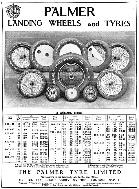 Palmer landing Wheels & Tyres 1917 Size Chart                    