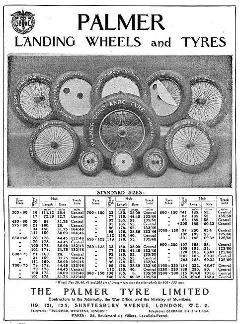 Palmer Landing Wheels & Tyres: 1919 Standard Sizes Chart         