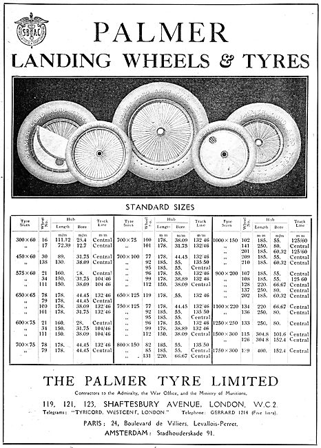 Palmer Aircraft Wheels & Tyres - 1919 Size Chart. Palmer Cord    