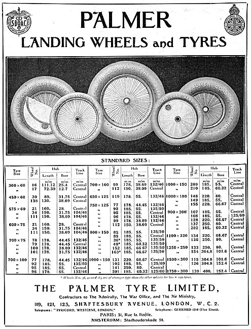 Palmer Landing Wheels & Tyres. 1922 Size Chart                   