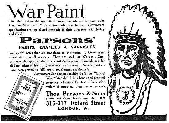 Thos Parsons Varnish & Paints For Aeroplanes                     