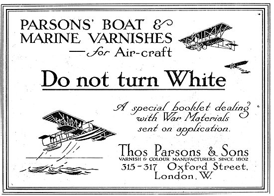 Thos Parsons Varnish & Paints For Aeroplanes                     