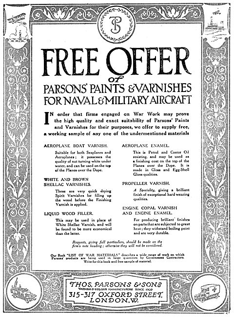 Thos Parsons Paints, Enamels & Varnishes For Aircraft            