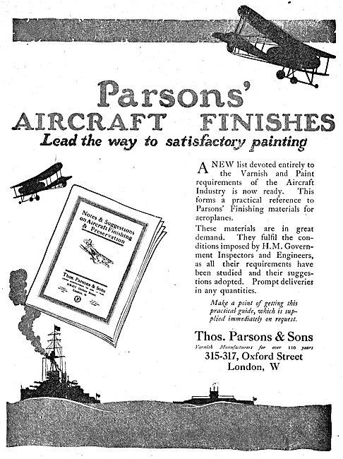 Parsons' Aircraft Finishes - Paint Varnish 1917 Advertisement    