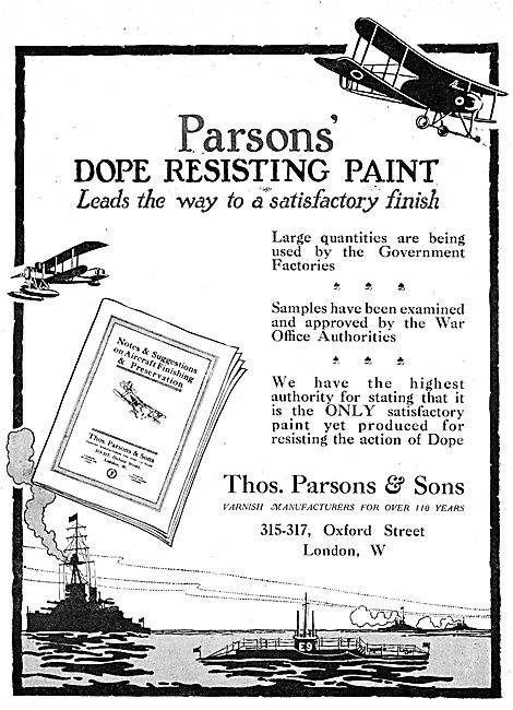 Thomas Parsons Varnishes & Paints For Aeroplanes WW1 Advert      