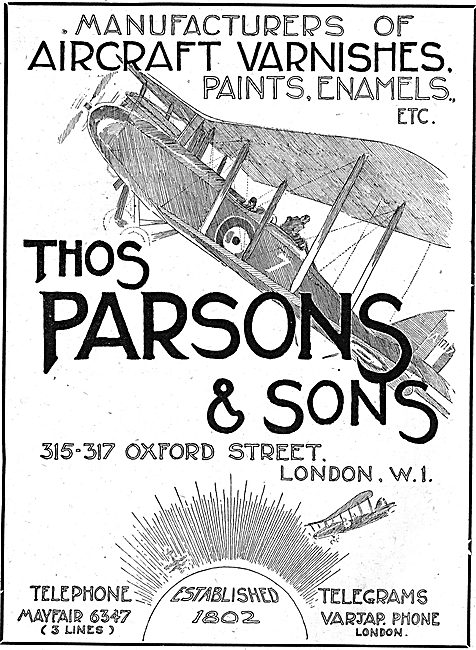 Thos Parsons Varnish & Paints For Aeroplanes                     