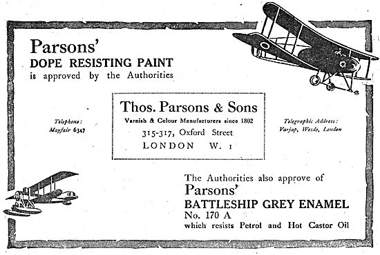 Thos Parsons Varnish & Paints For Aeroplanes                     