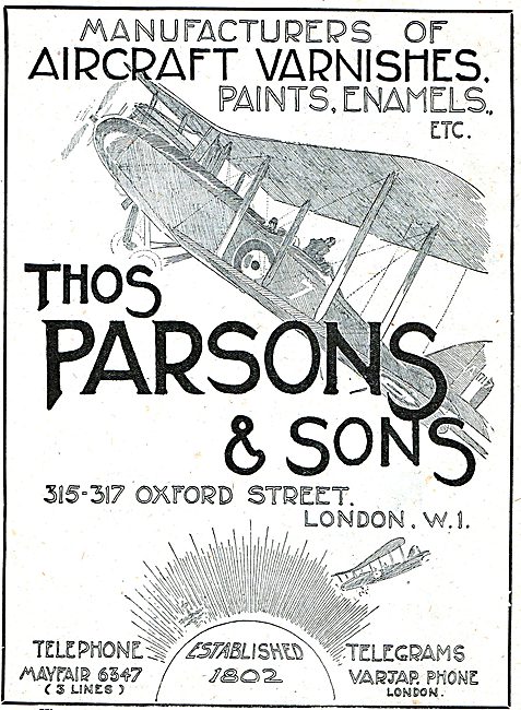 Thos Parsons Varnish & Paints For Aeroplanes                     