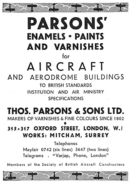 Thos Parsons Varnish & Paints For Aeroplanes                     