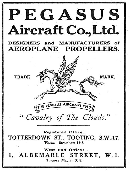 Pegasus Aircraft. - Propeller Manufacturers. 1918 Advert         