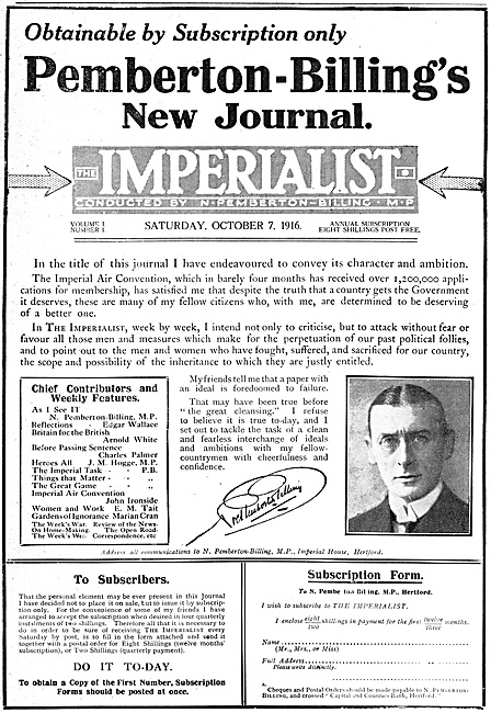 Noel Pemberton-Billing The Imperialist Journal 1916              