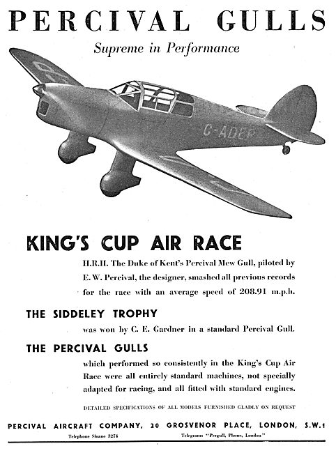 Percival Gull Range Of Aircraft 1935 - Mew Gull Kings Cup        