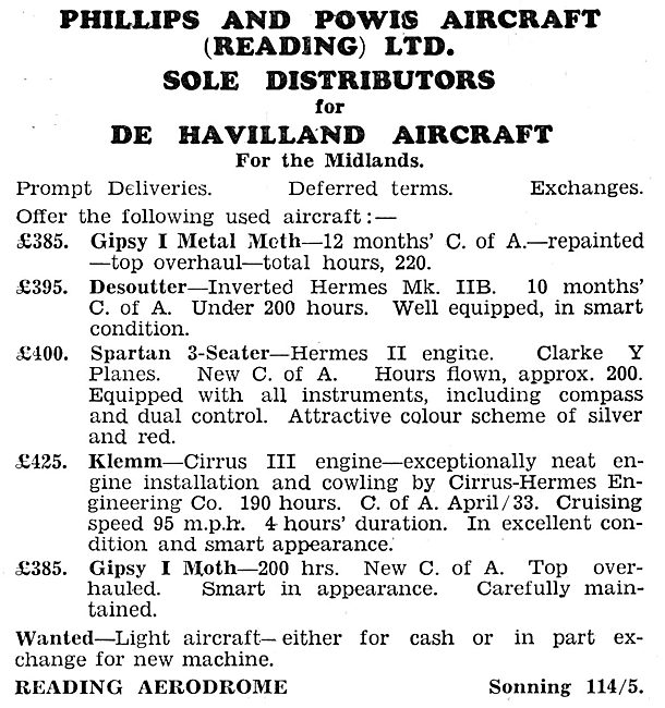 Phillips & Powis Aircraft Sales 1932                             