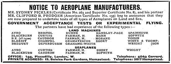 Sydney Pickles & Clifford Prodger - Government Aeroplane Tests   