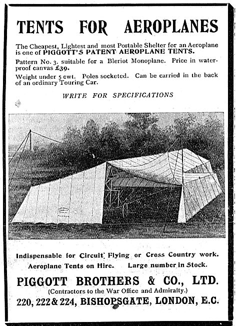 Piggott Brothers Tents For Aeroplanes                            