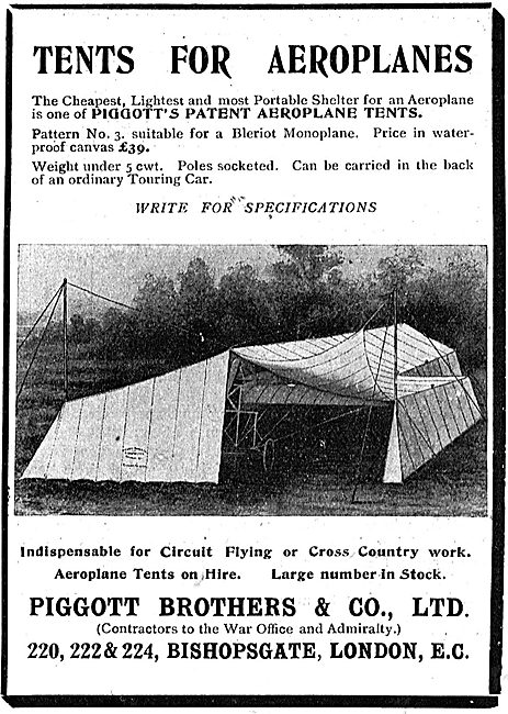 Piggott Brothers Patent Aeroplane Tents - For Sale Or Hire       