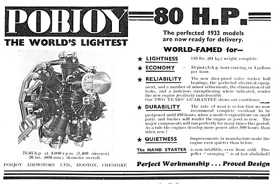 Pobjoy Radial Aero Engine - 75-85 BHP At 3,000 RPM (1400 Prop )  