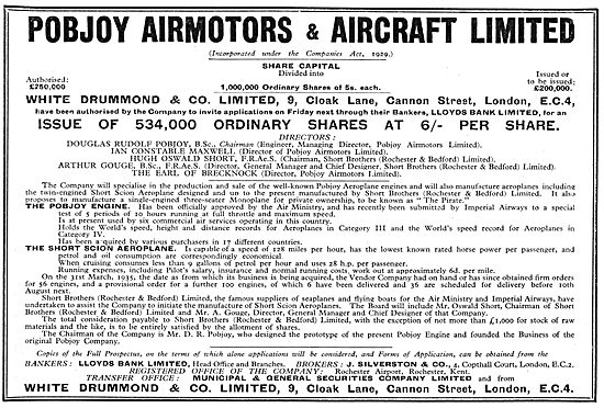 Pobjoy Airmotors & Aircraft Ltd - Shares Issue 1935              