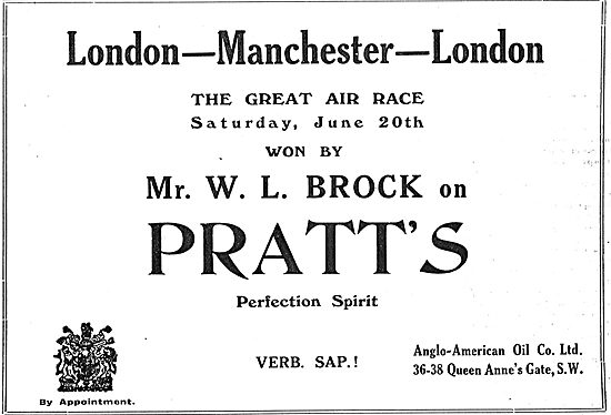 Brock Wins Manchester-London Air Race With Pratts Aviation Spirit