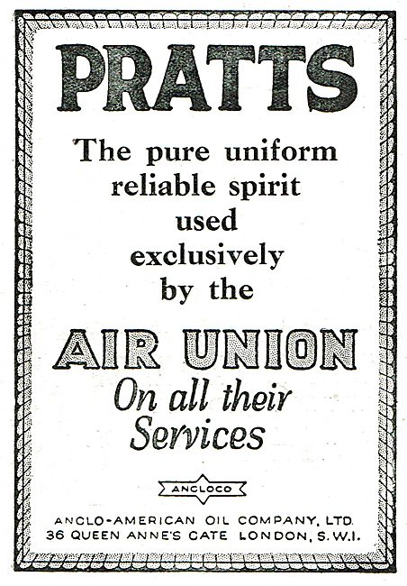 Pratts Pure Aviation Spirit Used Exclusively By The Air Union..  