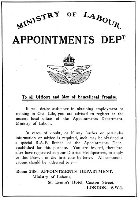 RAF Recruitment 1919-  Demobbed Officers. Ministry Of Labour     