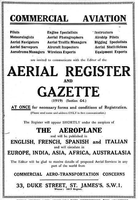 RAF Recruitment. Aerial Register & Gazette (1919 Section G4)     