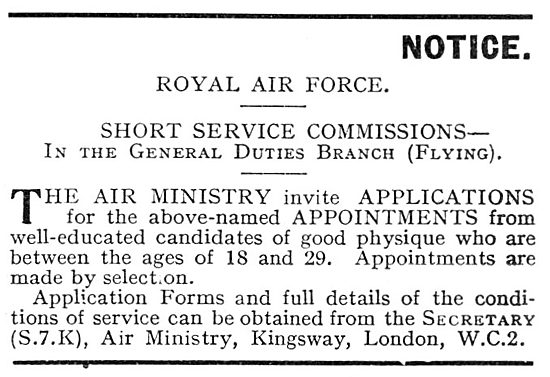 RAF Recruitment Short Service Commissions 1930                   