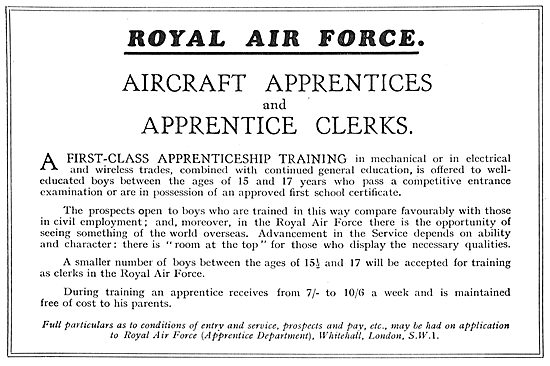 RAF Recruitment: - Aircraft Apprentices & Apprentice Clerks      