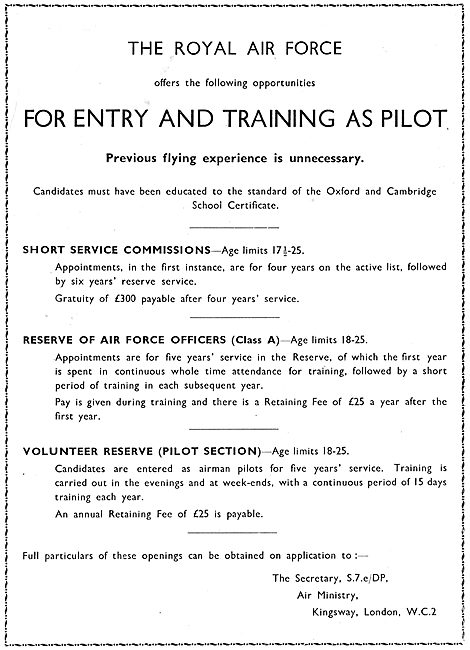 RAF Recruitment: Pilots - Short Service Commissions. RAF Reserve 