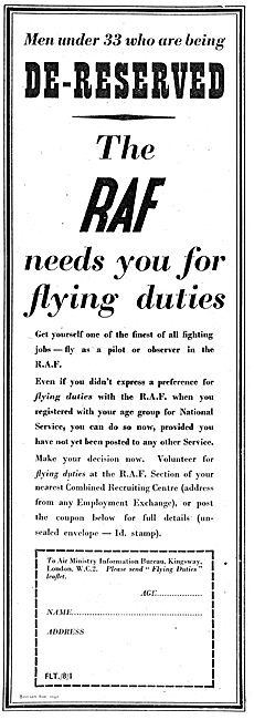 RAF Recruitment. Men Under 33 Are Being De-Reserved              