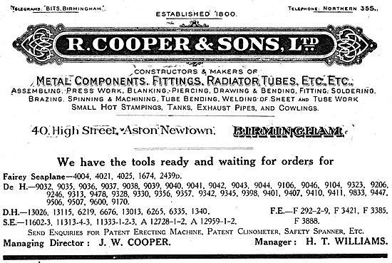 R.Cooper & Sons Ltd. Aston Newton, Birmingham. General Engineers 