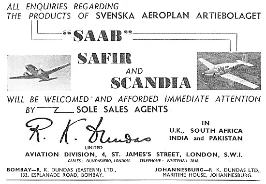 R.K.Dundas Aircraft Sales - SAAB Safir SAAB Scandia 1948         