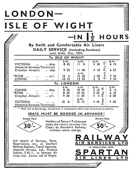 Railway Air Services - Spartan Air Lines: London-IOW Time Table  