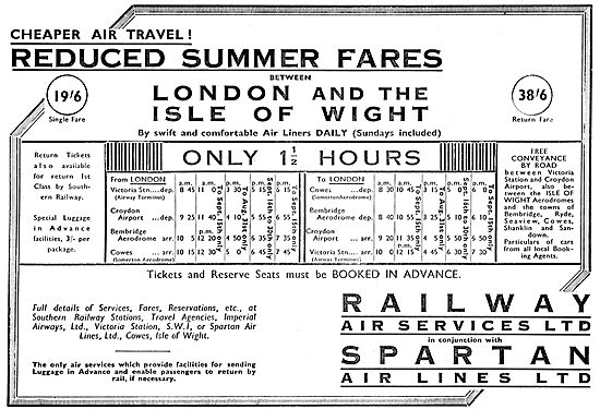 Railway Air Services. London IOW Reduced Summer Fares            